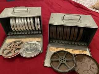 2 Brumberger 8mm Film Reels And Cans In Metal Carrying Boxes