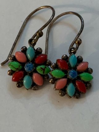 Vtg Native American Zuni Sterling Silver 925 Turquoise Coral Flower Earrings