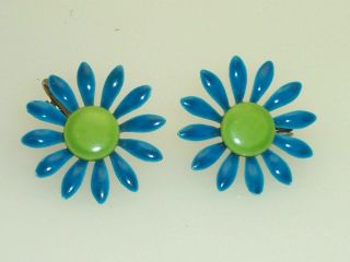 Vintage Blue Green Enamel Metal Flower Clip On Earrings
