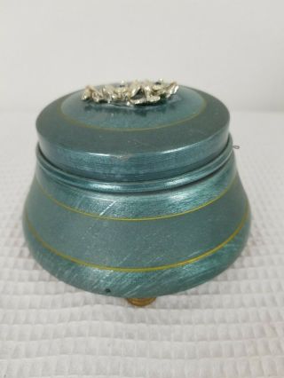 Wind - Up Aluminum Powder Puff Jar Footed Lidded Music Box Blue Vintage