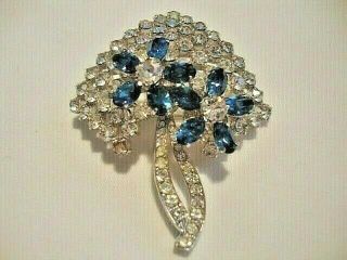 Vintage Blue Rhinestone Gold Tone Brooch Signed Made In Austria