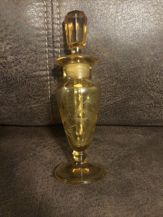 Fancy Vintage Perfume Bottle - Footed Amber Color Glass - Etched Floral Design