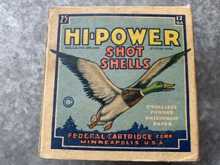 Empty Vtg Hi - Power 12 Gauge Shot Shell Box Federal Cartridge Co Mallard Duck
