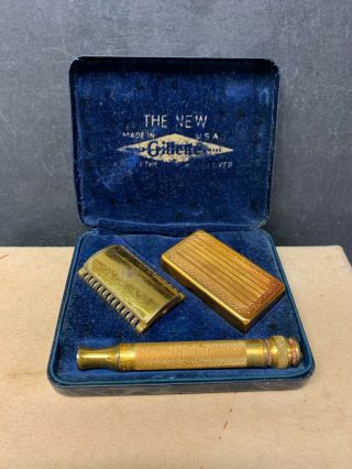 Vintage Gillette 3 Piece Safty Razor W/ Case And Blade Box.