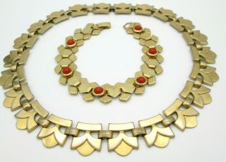 Vintage Art Deco Brass Choker Necklace Carnelian Glass Bracelet Stamped Bartek