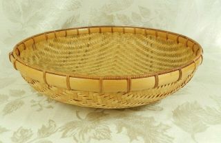 Vintage Woven Wicker Wood Round Basket 13 " X 3.  25 " Bent Wood Rim