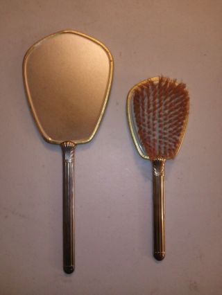 Vintage Gold Tone Hairbrush And Hand Mirror Floral Embellishment