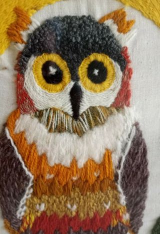 Vtg Mid Century Owl Yarn Needlepoint Embroidered Picture Boho Hippie Wall Art