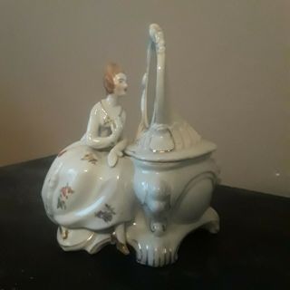 Vintage Japan Victorian Lady Powder Jar Box Porcelain With Mirror