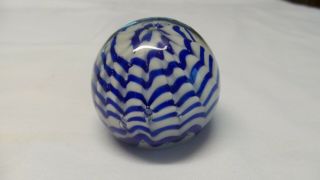 Vintage Art Glass Paperweight Cobalt Blue White Fluted Scalloped Spiral