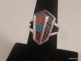 Vintage Navajo Sterling Silver Ring With Inlaid Purple Turquoise & Red Stones