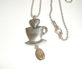 Vintage Sterling Silver Coffee Cup Dangling Bean Pendant 34 " Necklace Signed Jw