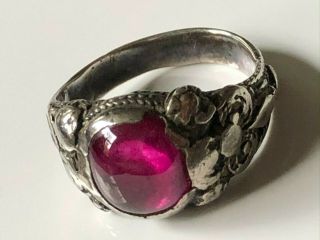 Antique Georgian? Vintage Handcrafted Silver Ring With Pink Glass Stone Size O