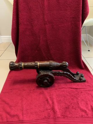 Very Large Vintage Hand Carved Wooden & Brass Cannon Ornament