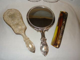 Vintage Ornate Vanity Set Silverplate Dresser Mirror Comb And Brush