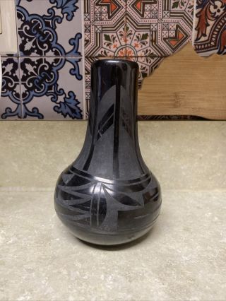 Vintage Mid 20thC Santa Clara Pueblo Frances Chevarria Blackware Pottery Vase 3