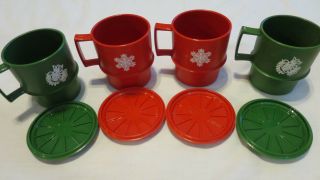 Vintage Tupperware Set Of 4 Red & Green Christmas Holiday Cups & Lids 9 Oz