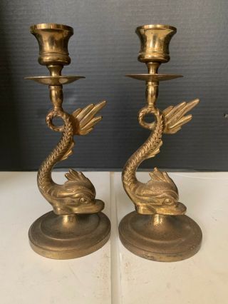 Vintage Hollywood Regency Brass Dolphin Candle Holder A Pair