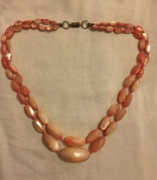 Vintage C1930s Art Deco Mother Of Pearl Pink 2 Row Necklace Brass Screw Clasp