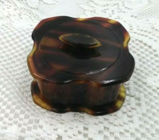 Antique Faux Tortoise Shell Vanity Powder Trinket Box With Glass Insert