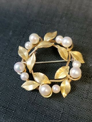 Vtg.  Krementz Gold Tone & Faux Pearl Leaves Wreath/circle Of Life Brooch Pin