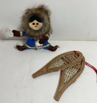 Vtg Christmas Ornament Eskimo Doll Real Fur Hand Made Alaska Tambourine Shaman