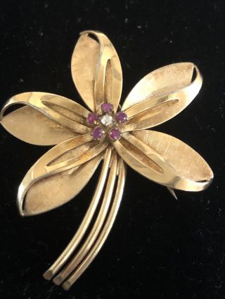 Vintage Winard 12k Gf Gold Filled Red Stone Flower Brooch Pin 2”