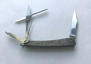 Vintage Oriental Sterling Multi Tool Pocket Knife Engraved Made In Japan