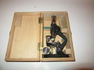 Vintage Prober Microscope In Wood Box,  2 Eyepieces,  West Germany 1714