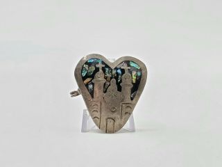 Vintage Silver Alpaca Mexico Heart Shaped Pill Box With Abalone Lobster Clasp