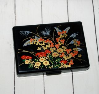 Vintage Plastic Travel Purse Tissue Holder Mirror Compact Black Floral Butterfly