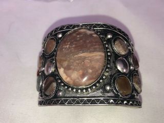 Vintage Handcrafted Sterling Cuff Bracelet With Multi Colored Stones