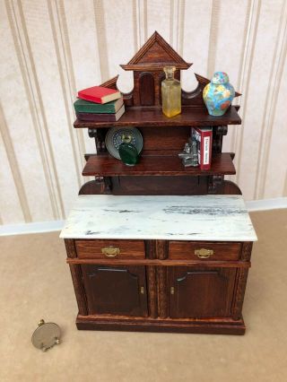 Dollhouse Miniature Vintage Mahogany Marble Top Buffet Cabinet Server 1:12