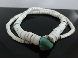 Vtg Awesome Hand Carved Natural Turquoise And Shell Graduated Heishi Necklace