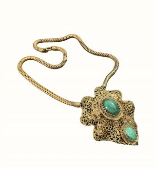 Stunning Art Deco Green Cabochon Peking Glass Vintage Filigree Necklace