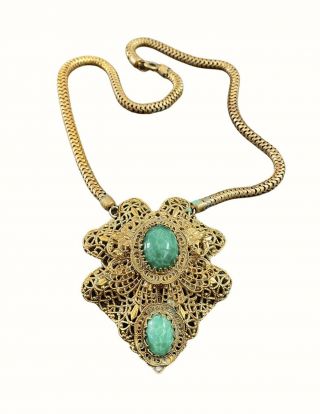 Stunning Art Deco Green Cabochon Peking Glass Vintage Filigree Necklace 2