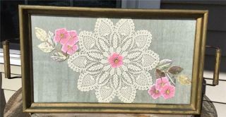 Vintage Wood Glass Vanity Tray Doily Pink Flowers Gold Paint Shabby Chic Pretty