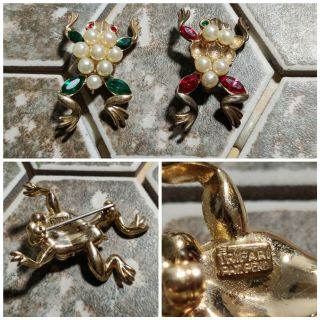 Two Vintage Trifari Gold/faux Pearls/red & Green Rhinestones Frog Pins Brooches