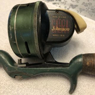 Johnson Sabra 130a Rod And Reel,  Green,  All Eyes Are There.  Factory I ?