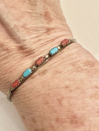 Vintage Old Pawn Navajo Turquoise & Coral Sterling Silver Cuff Bracelet