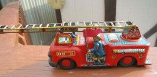 Vintage Tn Nomura Tin Friction Fire Truck Toy,  Bright Red Yellow,  Blue,  Japan