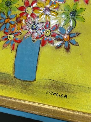 VTG Signed Esterida Still Life Flower Bouquet Enamel On Copper Fine Art Painting 2
