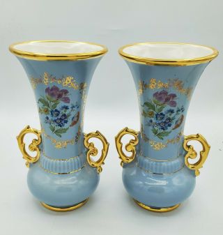 Vintage Set Of 2 Abingdon Usa Pottery Art Deco Blue Floral Vase