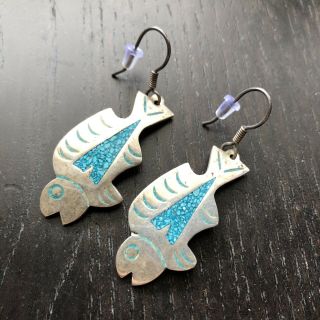 Vtg Modernist Signed Taxco Mexico Sterling Silver Inlaid Fish Pescado Earrings