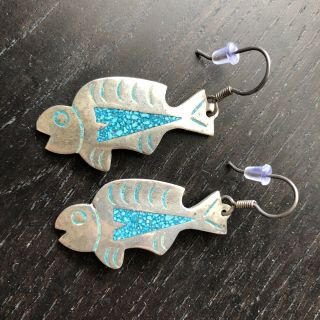 VTG Modernist SIGNED Taxco Mexico Sterling Silver Inlaid Fish Pescado Earrings 2