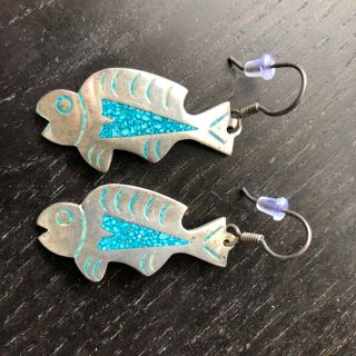 VTG Modernist SIGNED Taxco Mexico Sterling Silver Inlaid Fish Pescado Earrings 3