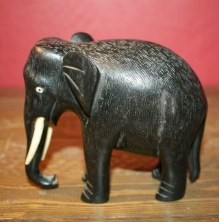 Vintage Hand Carved Wood Ebony Elephant Ivory Tusks Figurine