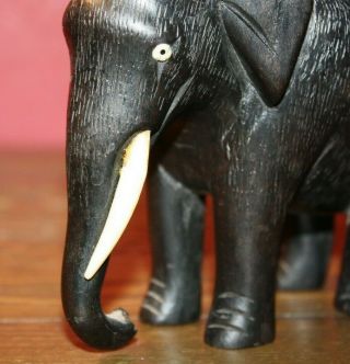 Vintage Hand Carved Wood Ebony Elephant Ivory Tusks Figurine 2