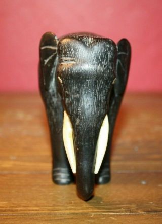 Vintage Hand Carved Wood Ebony Elephant Ivory Tusks Figurine 3