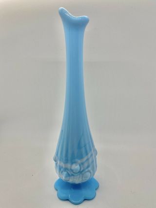 Antique Fenton Blue & White Swirl Slag Glass Embossed Roses 9 " Bud Vase Vintage